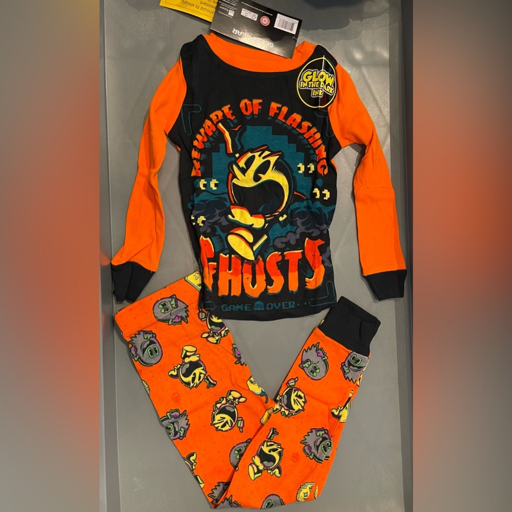 Pac-Man Boys Halloween Long Sleeve 2pc Pajama Set Black/Orange size 4 NWT